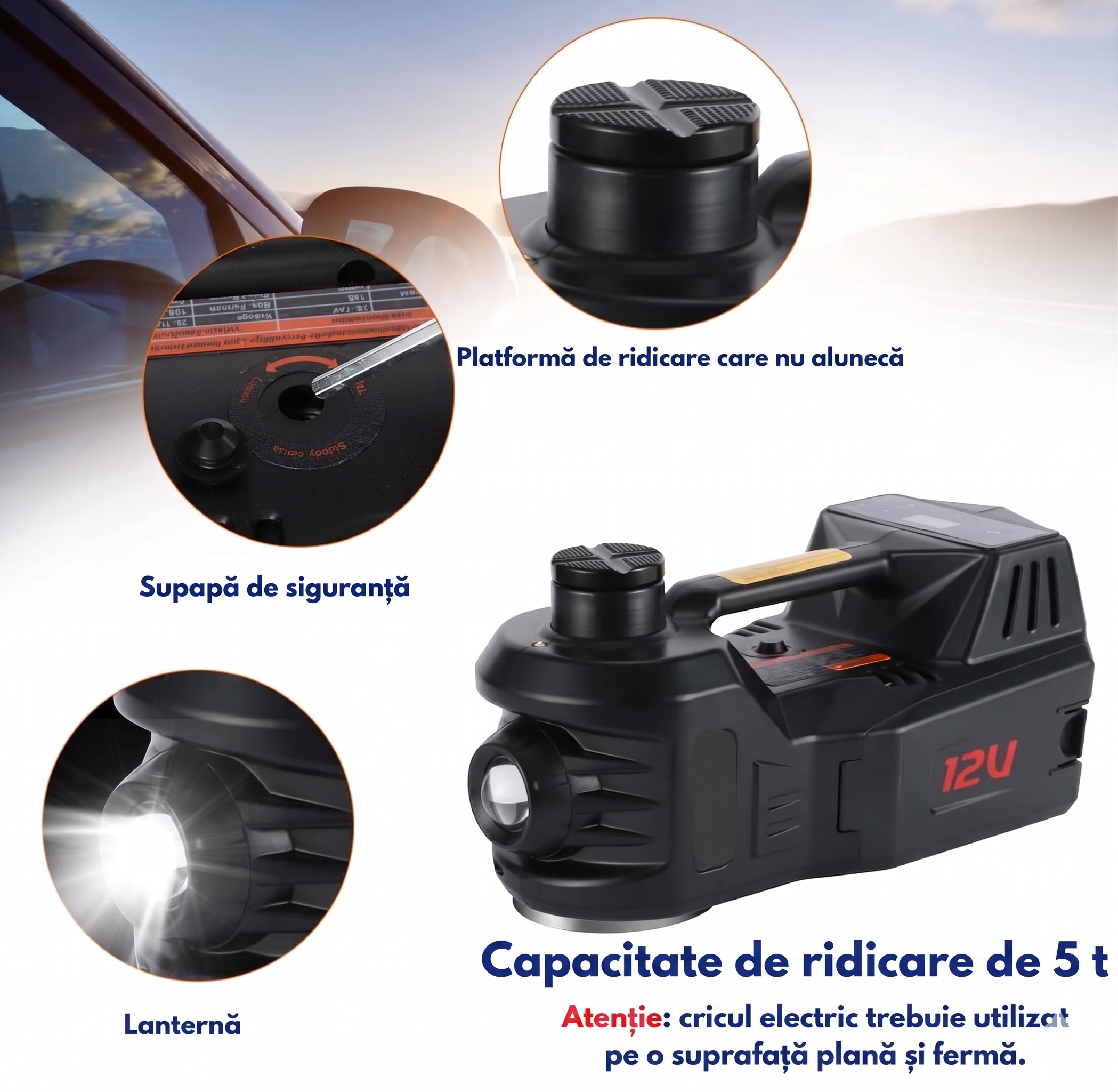 Gadgetry Cric Auto Electric de Podea, 5 Tone Hidraulic, cu Pompa de Umflare Anvelope si Indicator Digital Presiune