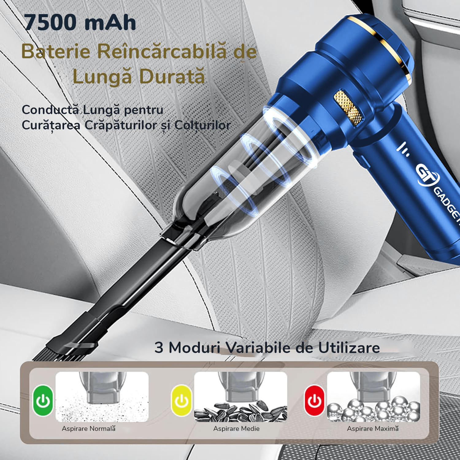 RESIGILAT: Aspirator Auto Portabil Gadgetry cu Acumulator 7500mAh 4 in 1, 18000Pa, 3 Viteze, 100W