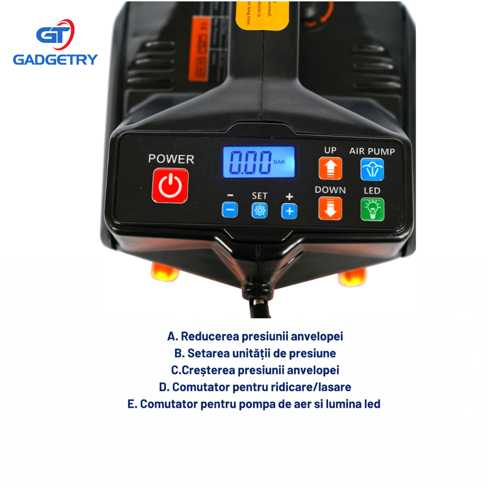 Gadgetry Cric Auto Electric de Podea, 5 Tone Hidraulic, cu Pompa de Umflare Anvelope si Indicator Digital Presiune
