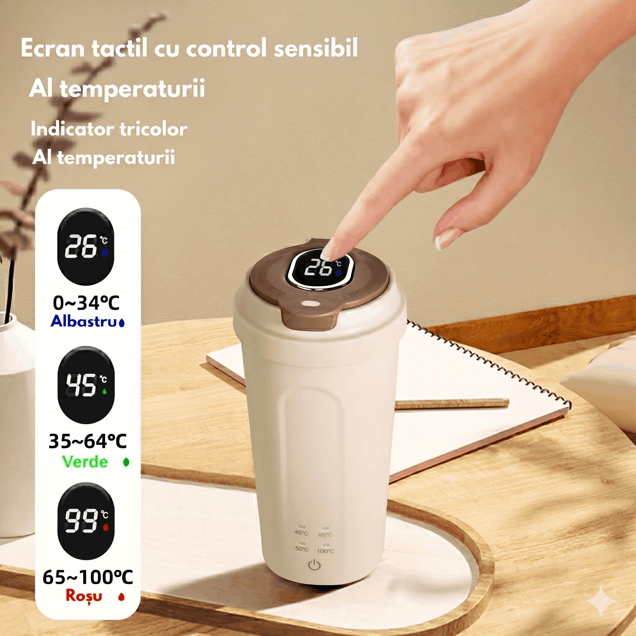 Gadgetry Fierbator Portabil, Termos Electric 500ML, 4 Presetari de Temperatura, Ecran Tactil Pentru Afisarea Temperaturii