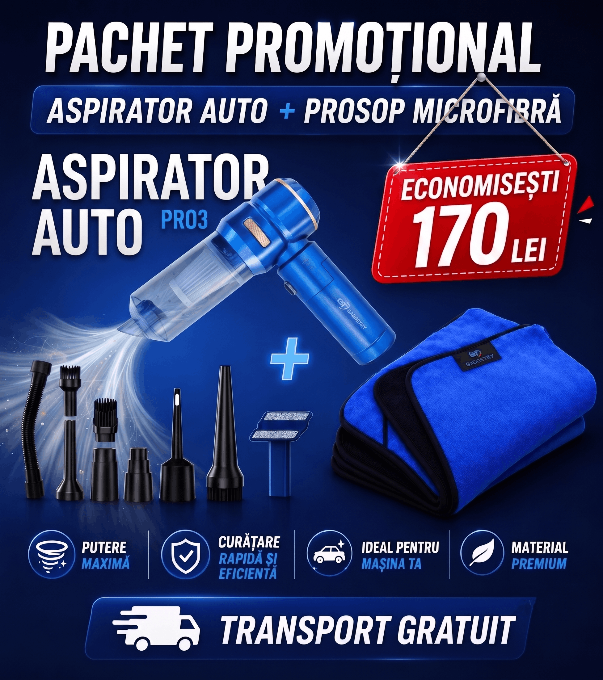 Pachet Promotional Necesar Aspirator Auto PRO3 + Prosop 1600GSM