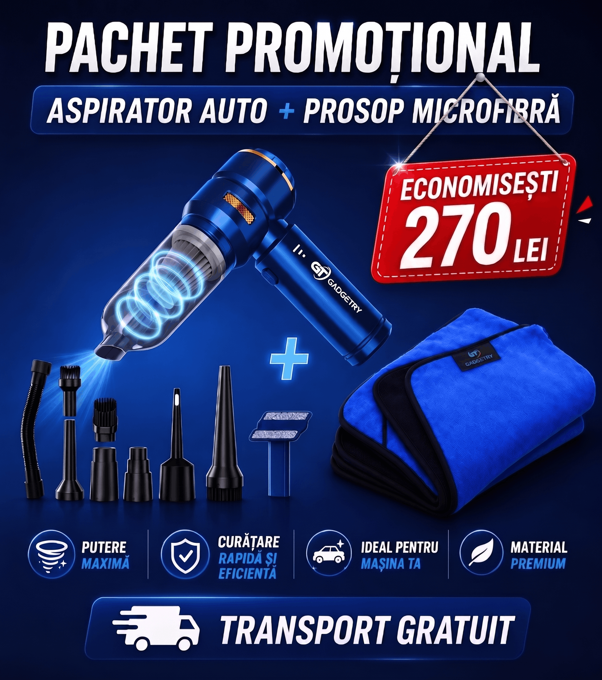 Pachet Promo Aspirator Auto + 3 Ani Garantie + 2x Set 3 Filtre + Prosop 1600GSM