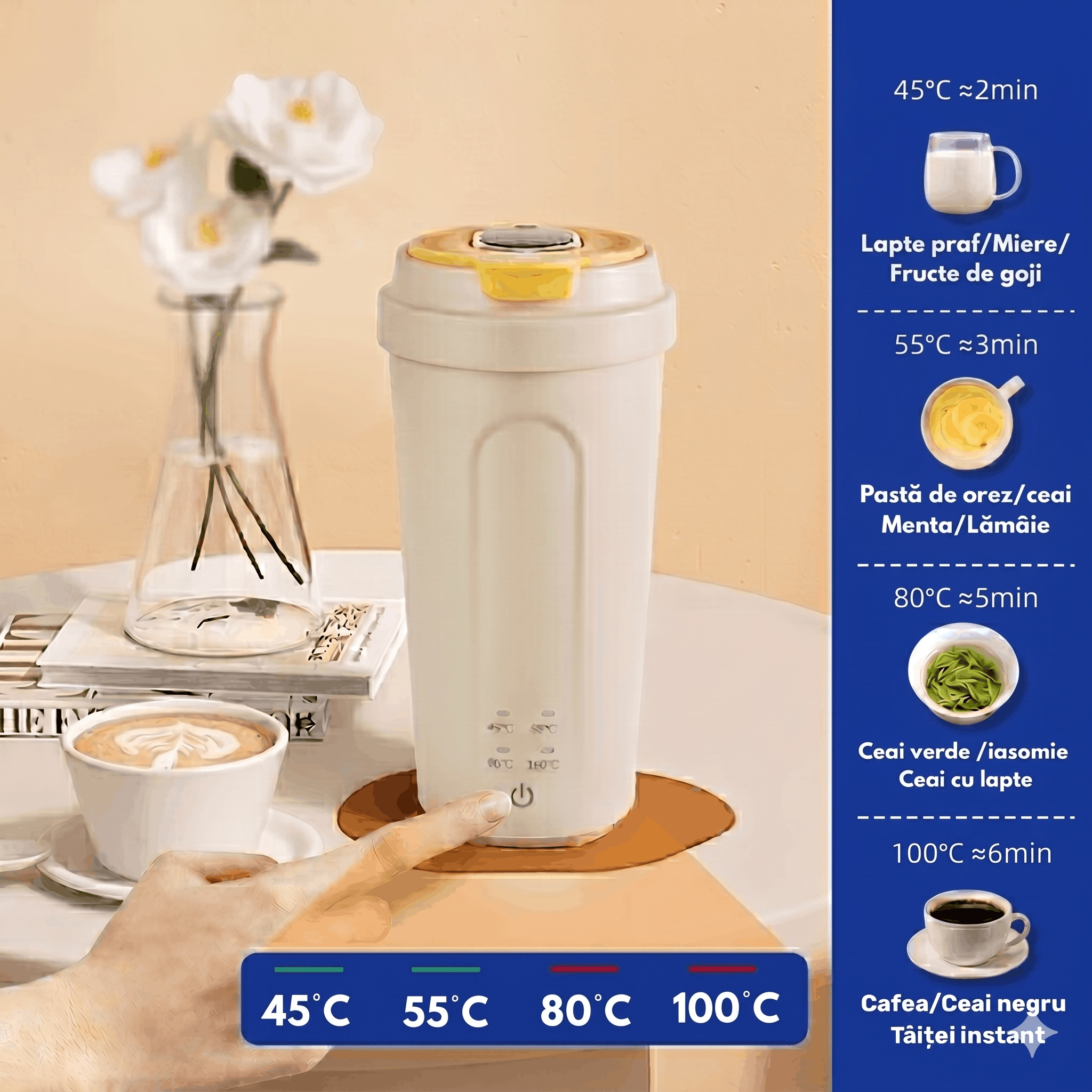 Gadgetry Fierbator Portabil, Termos Electric 500ML, 4 Presetari de Temperatura, Ecran Tactil Pentru Afisarea Temperaturii