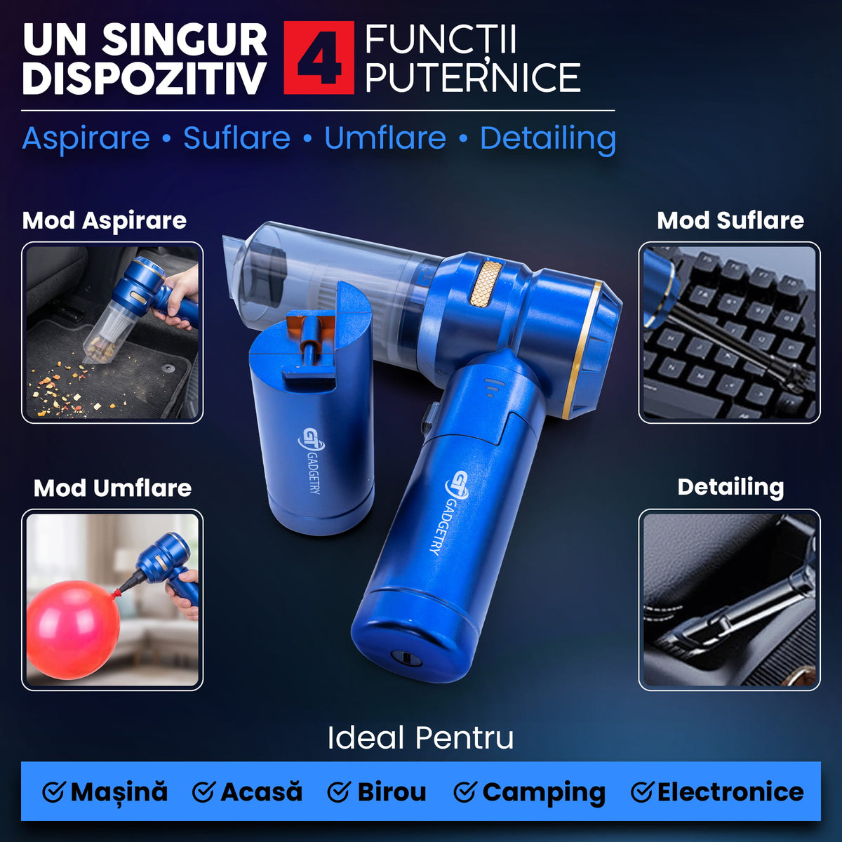 Portable Car Vacuum Cleaner with 7500mAh Battery 4 in 1, 18000Pa, 3 Speeds, 100W