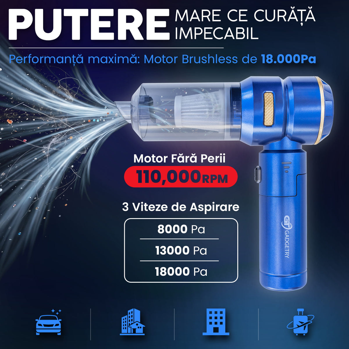 Portable Car Vacuum Cleaner with 7500mAh Battery 4 in 1, 18000Pa, 3 Speeds, 100W