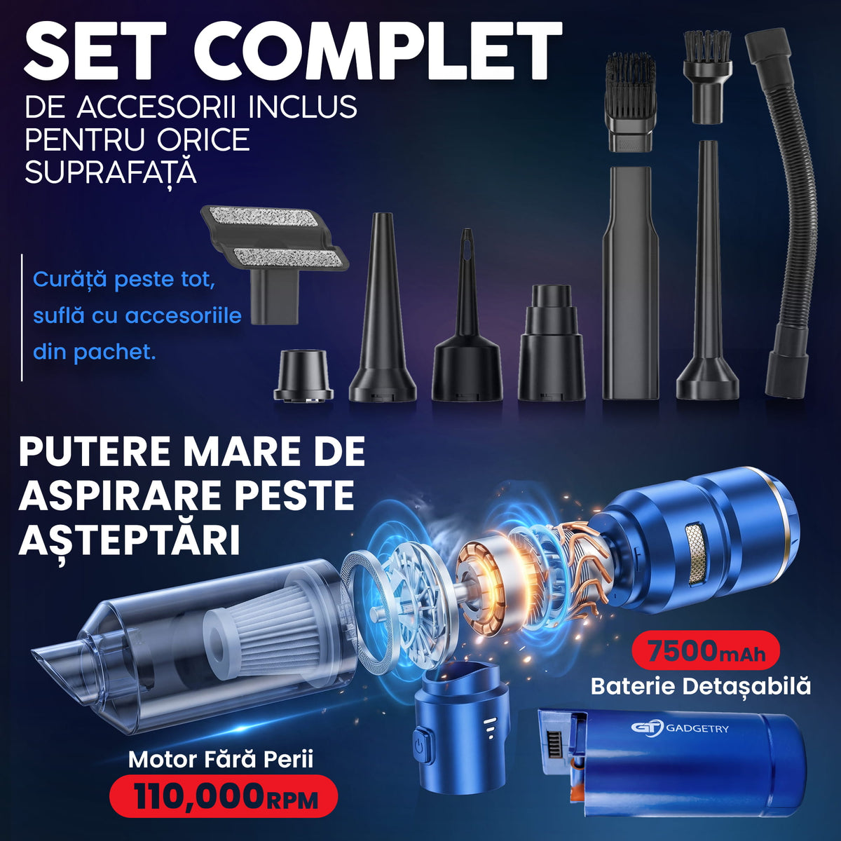 Portable Car Vacuum Cleaner with 7500mAh Battery 4 in 1, 18000Pa, 3 Speeds, 100W