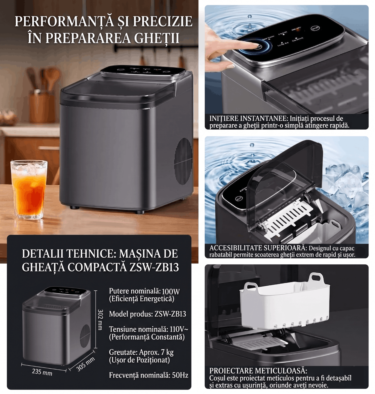 Masina de Gheata Electrica , 100W, Rezervor 1.3L