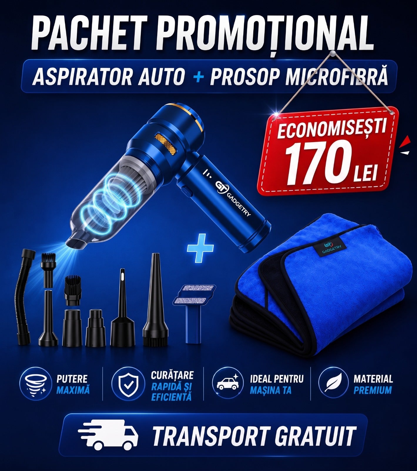 Pachet Promotional Necesar Aspirator Auto + Prosop 1600GSM