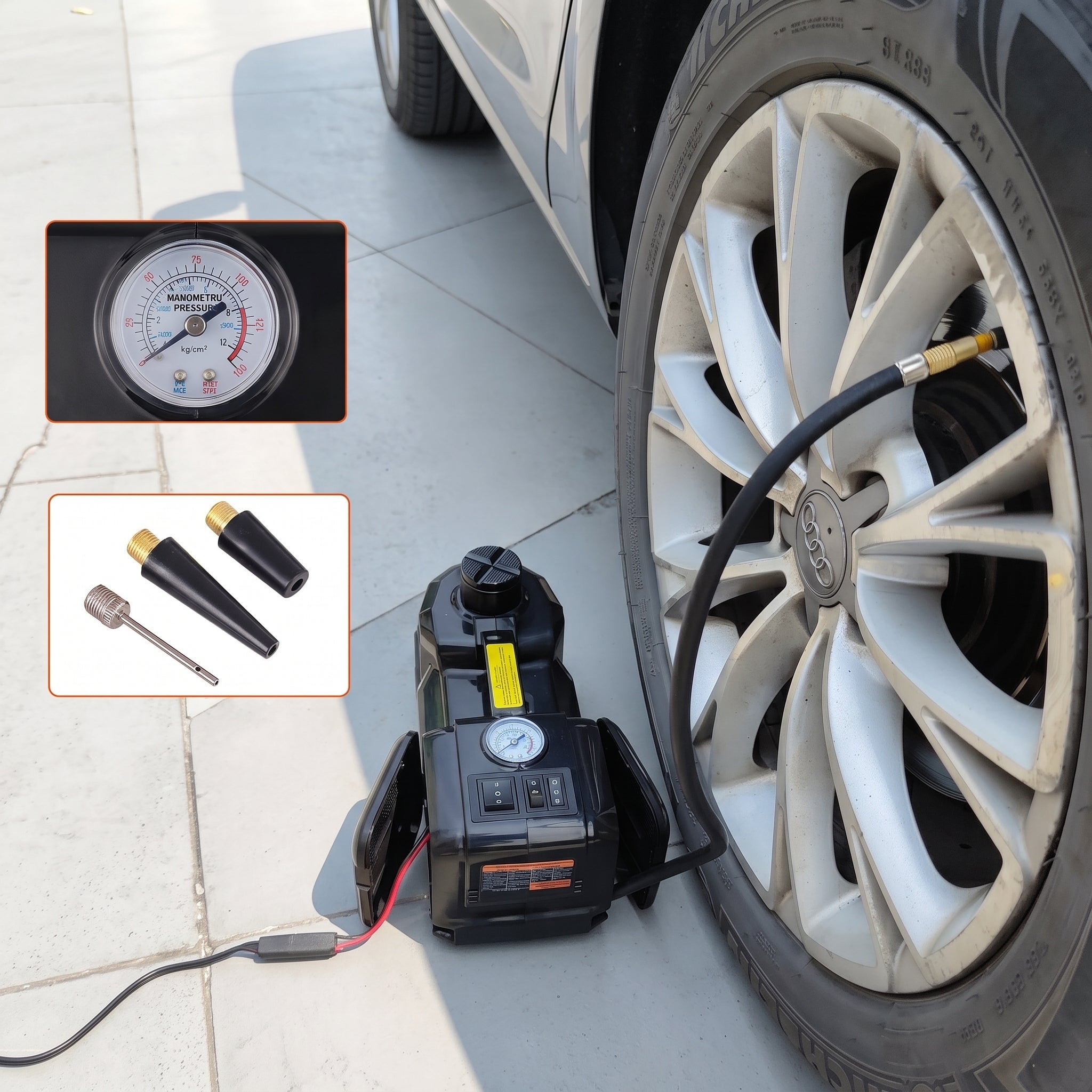 Gadgetry Cric Auto Electric de Podea, 5 Tone Hidraulic, cu Pompa de Umflare Anvelope si Indicator de Presiune