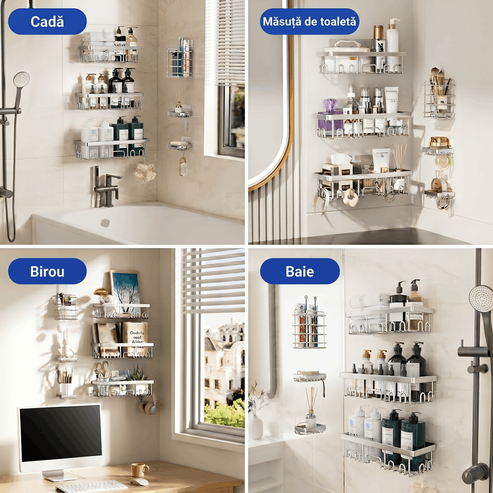 Gadgetry Raft de Dus, Etajera Baie si Bucatarie, Din Otel Inoxidabil, Pentru Depozitare in Bucatarie, Organizator Baie, set 6 rafturi de dus, Gel Dus, Montaj Fara Gauri, Gadgetry