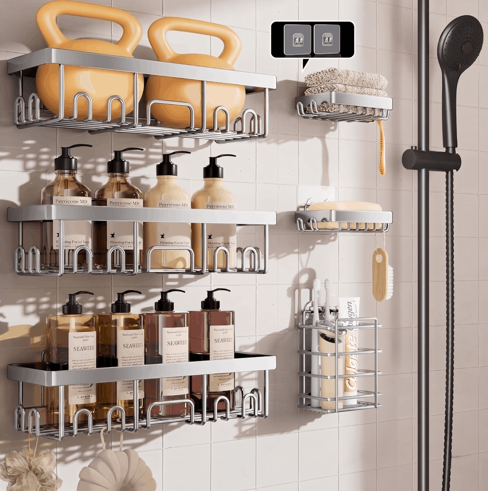 Gadgetry Raft de Dus, Etajera Baie si Bucatarie, Din Otel Inoxidabil, Pentru Depozitare in Bucatarie, Organizator Baie, set 6 rafturi de dus, Gel Dus, Montaj Fara Gauri, Gadgetry